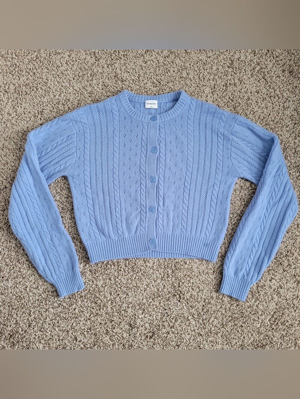 Aritzia Sunday Best Sweetspot Sweater Cardigan Pointelle Blue Crew Neck Medium